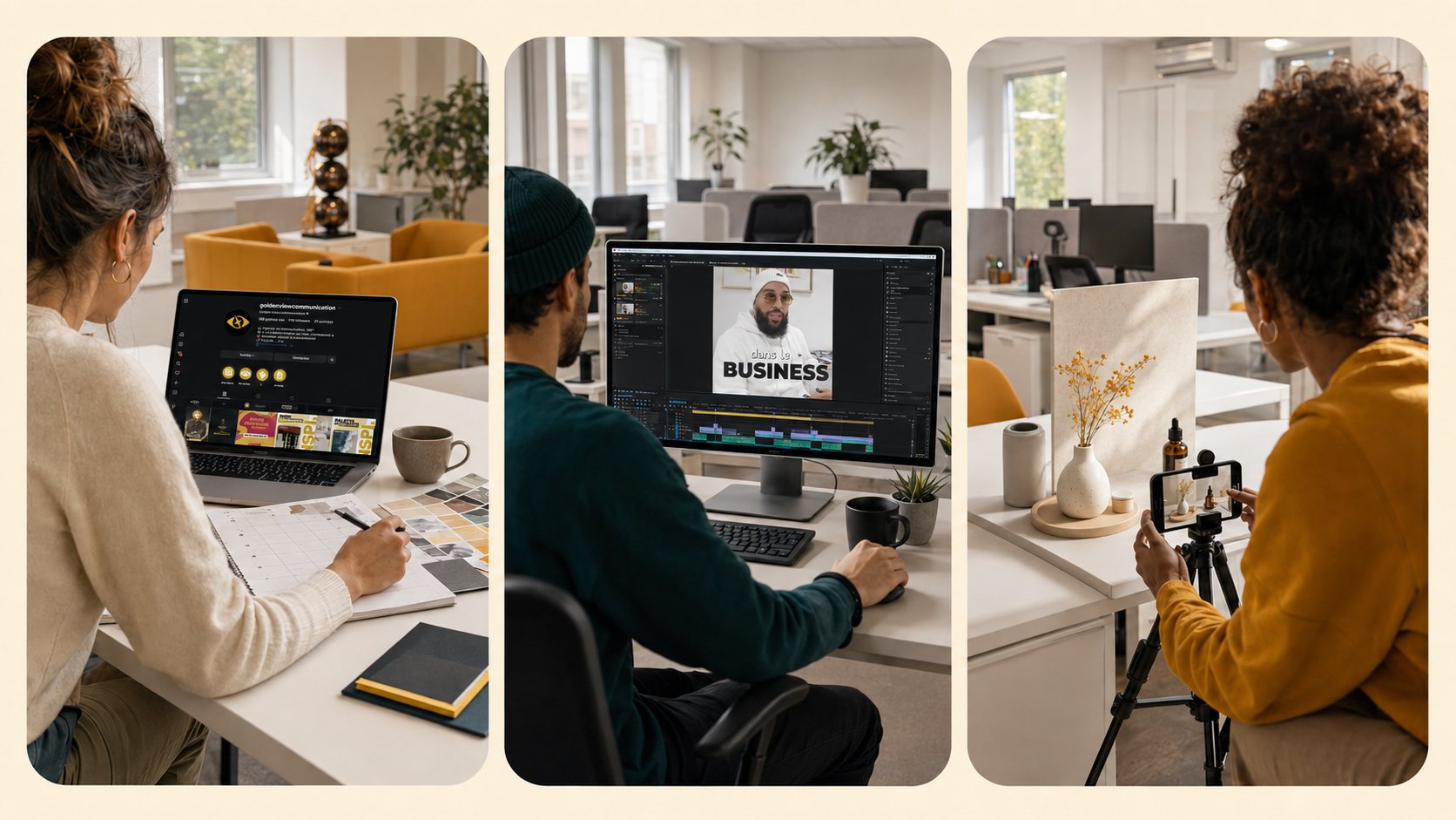 L'équipe Golden View au travail : gestion des réseaux sociaux, montage vidéo et photo produit